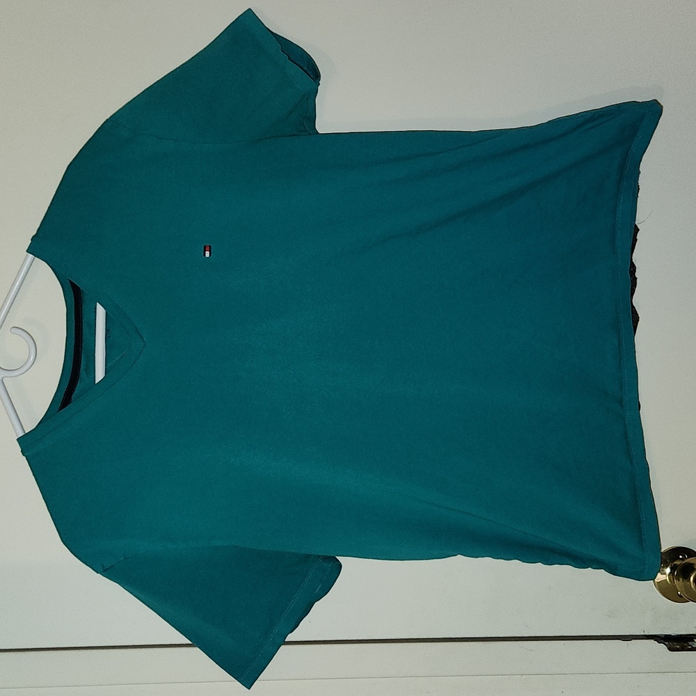 Tommy Hilfiger Teal Embroidered Logo V Neck T Shirt